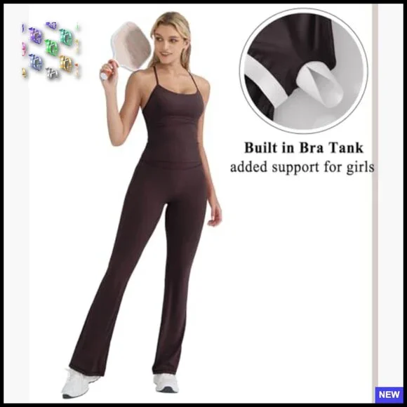 Padded Tank Top Flare Leggings Workout Set Silky Smooth Slim Fit Pilates Outfit - Picture 2 of 7